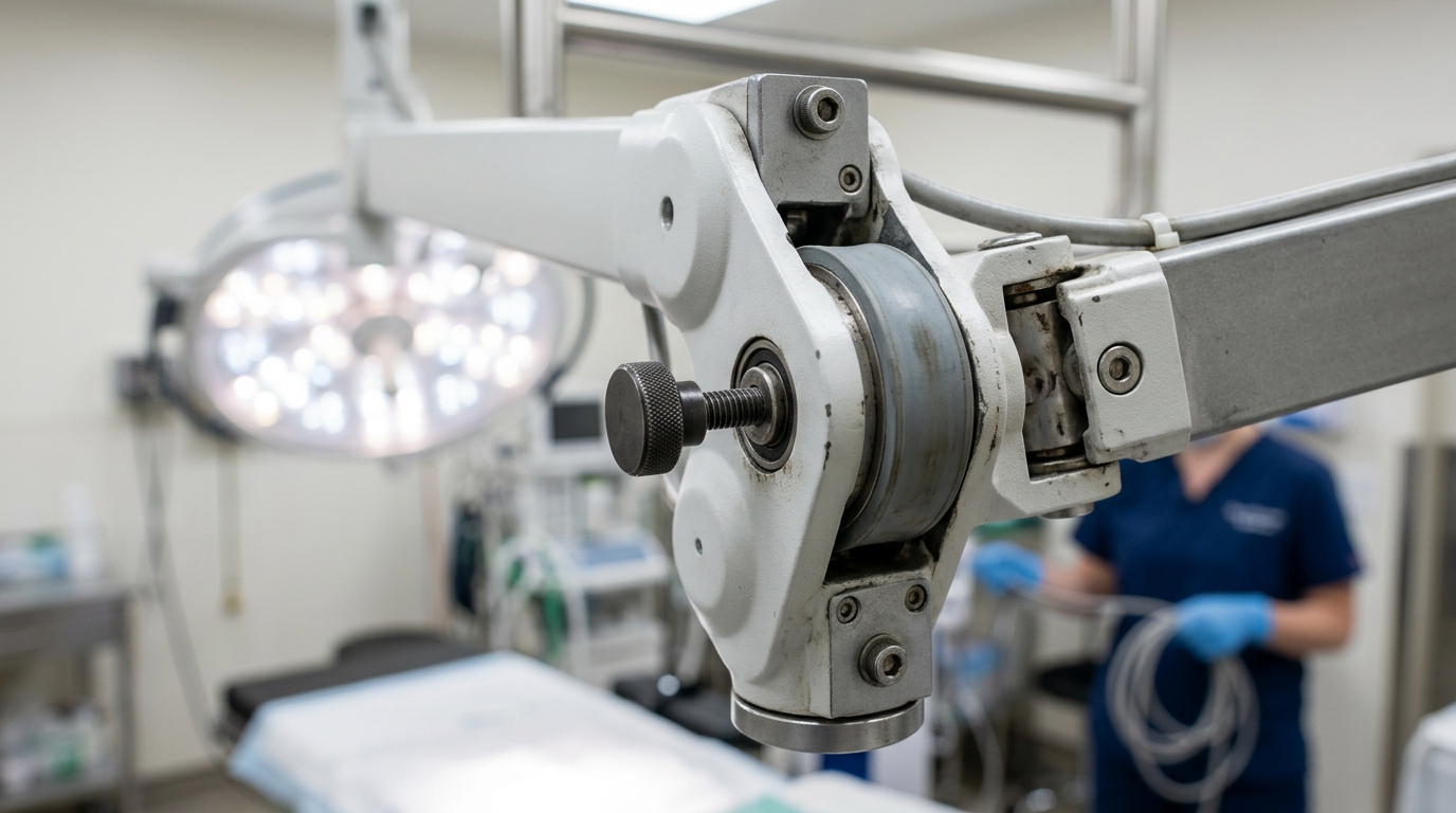 Close-up view of a multi-axis common arm joint on a veterinary surgical light showing the tension adjustment screw and structural damping pad.