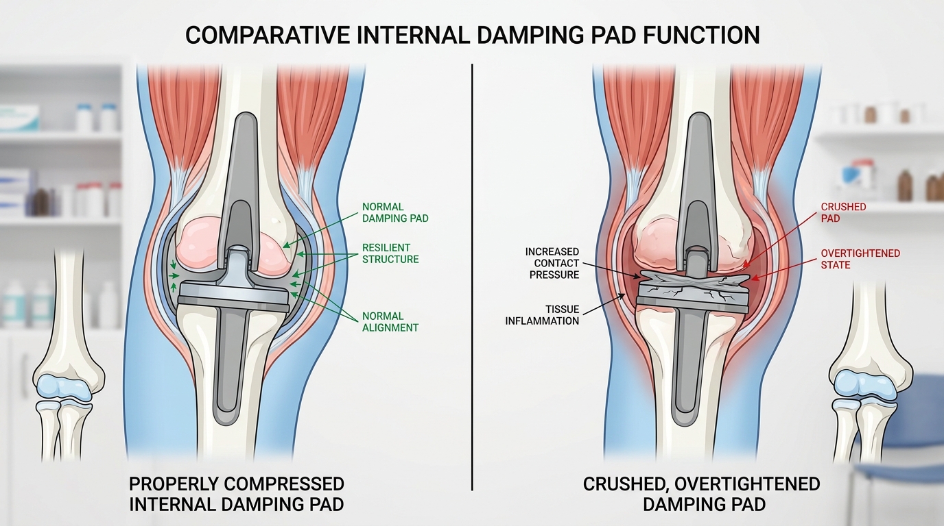 Comparative illustration showing a properly compressed internal damping pad versus a crushed, overtightened pad inside a common arm joint.