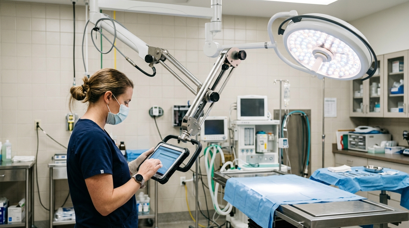 Veterinary facilities manager logging equipment maintenance data into a digital tablet next to a fully articulated surgical light system.