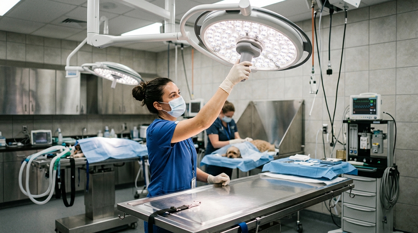 Veterinary technician adjusting the central sterile handle of a ceiling-mounted LED surgical light above a stainless steel operating table.
