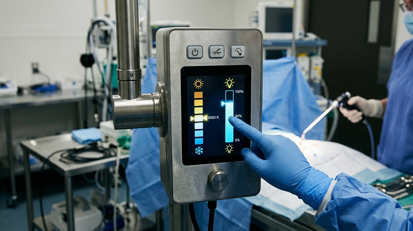 Close-up of veterinary surgical light control panel showing adjustable color temperature and lux intensity settings on a digital interface.