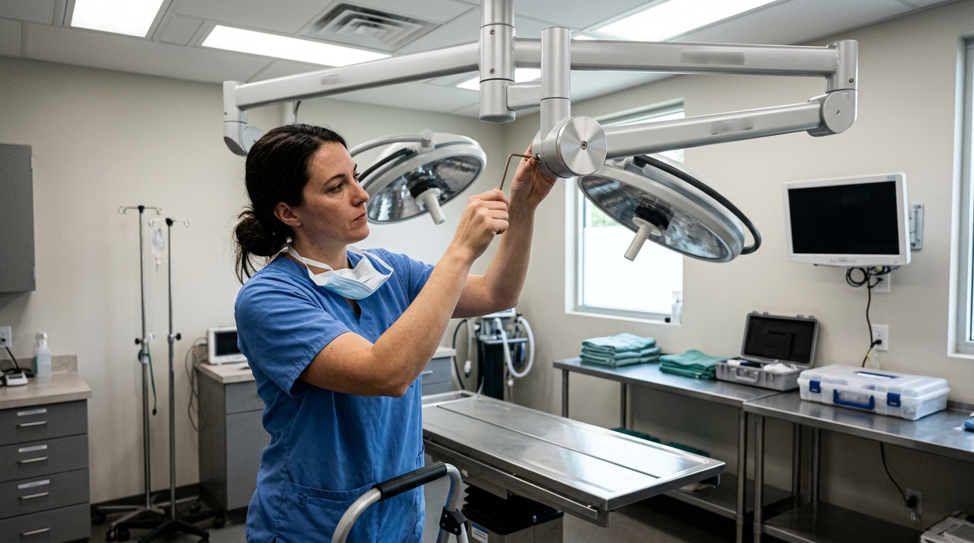 Biomedical technician calibrating the suspension arm tension of a dual-head veterinary surgical lighting system using specialized hand tools.