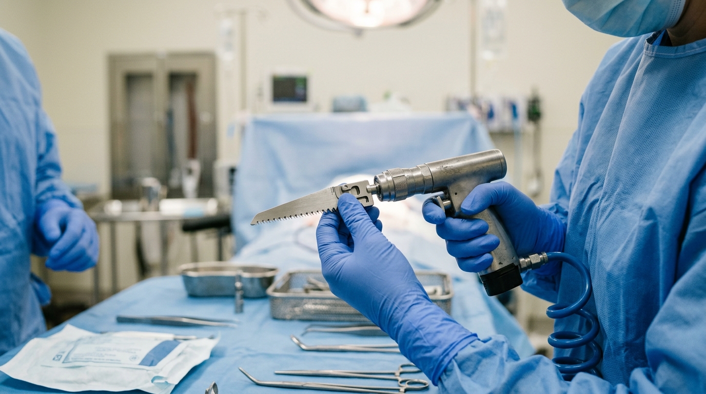 Close-up of a veterinary surgeon securely attaching a specialized TPLO sagittal saw blade to a high-speed orthopedic handpiece in a sterile operating room environment.