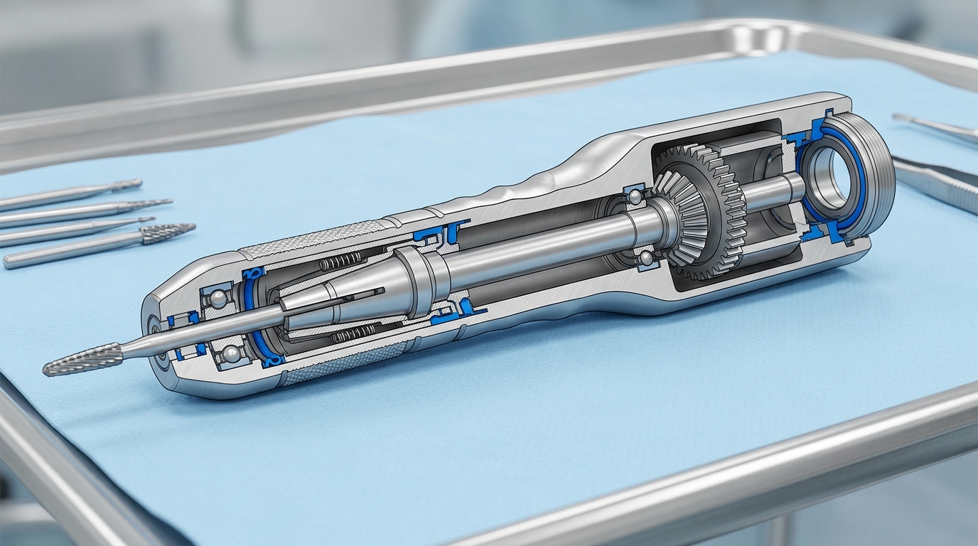 Cross-sectional diagram of a multifunctional drill handpiece illustrating the internal collet locking mechanism, moisture seals, and torque transfer gears.