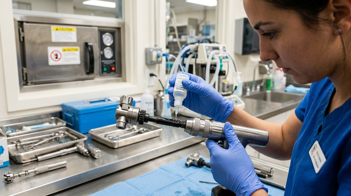 Veterinary technician carefully applying drops of specialized medical-grade instrument lubricant to the drive shaft of an orthopedic drill handpiece prior to autoclaving.
