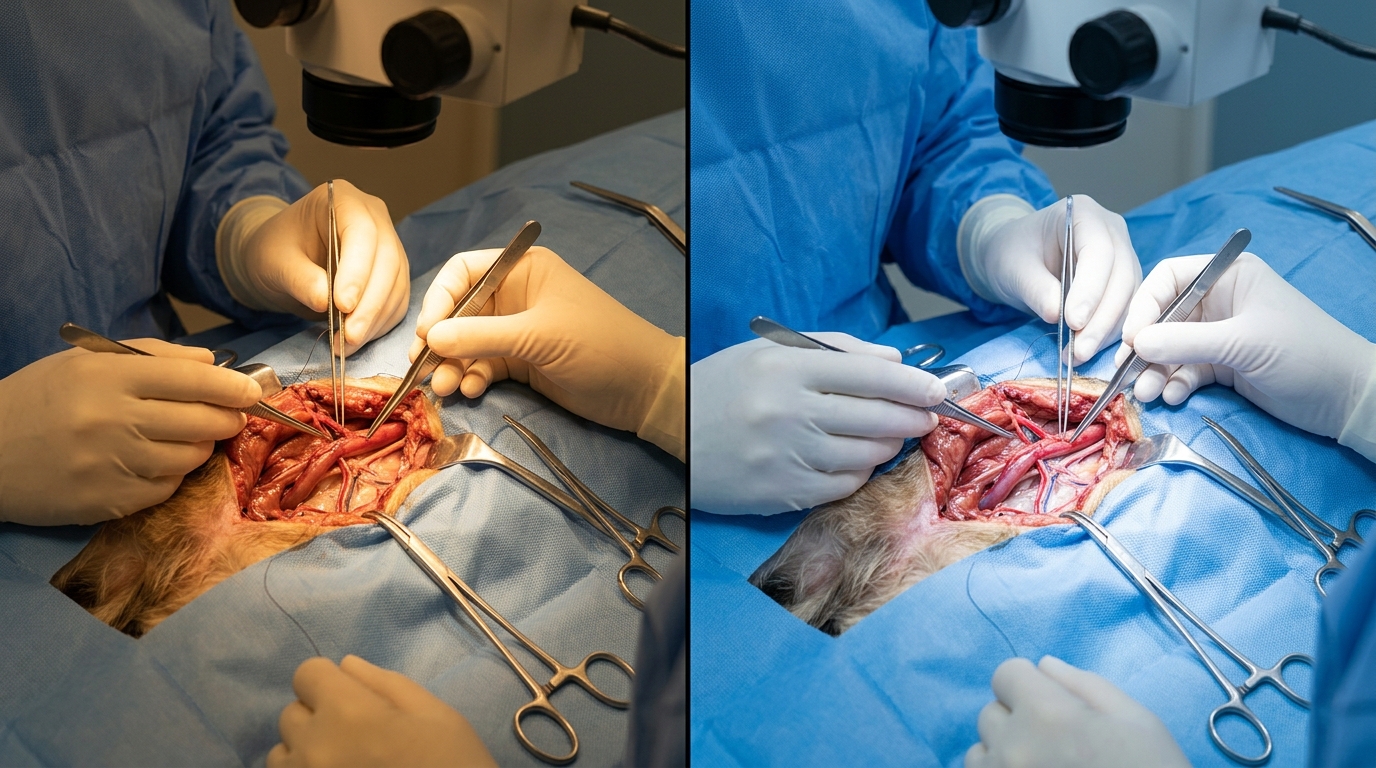 Comparative visualization of tissue under 3200K halogen illumination versus 5500K LED illumination during a canine microsurgical procedure.