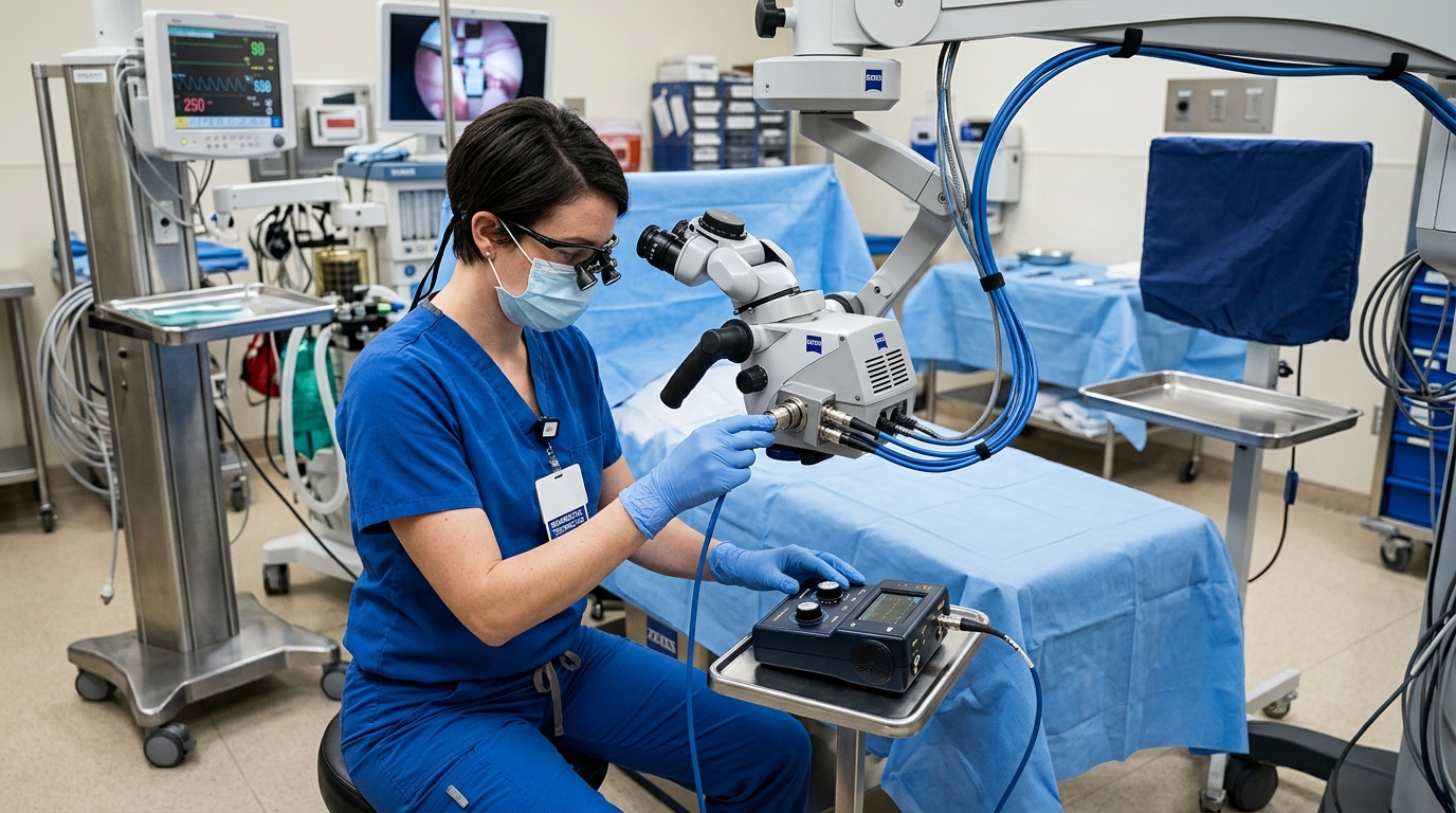 A biomedical technician inspecting the fiber optic cable connection on an operating microscope using a standardized optical testing kit.
