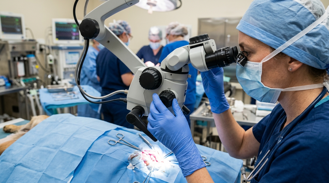 A close-up view of a veterinary surgeon adjusting the objective lens and interpupillary distance of an operating microscope over a sterile field.