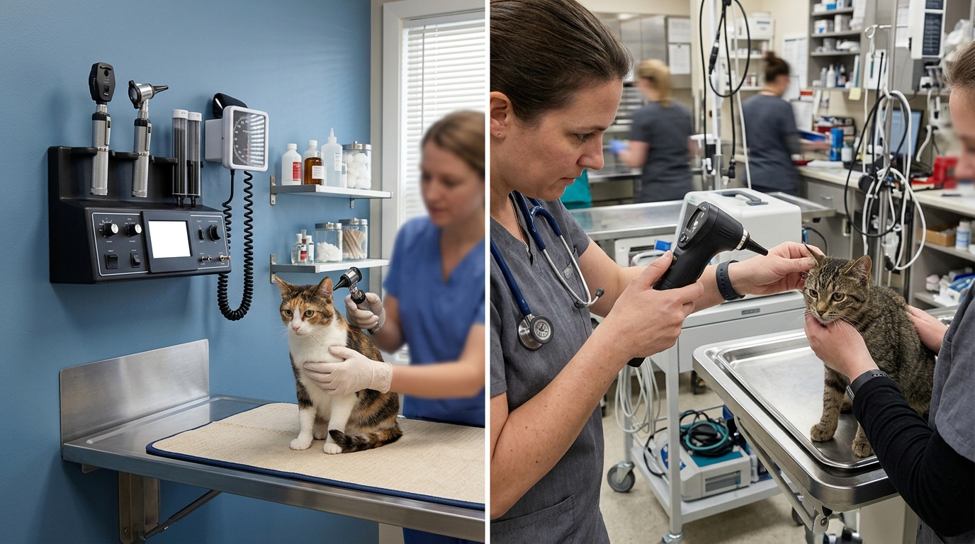 Side-by-side comparison of a wall-mounted veterinary diagnostic station in a feline exam room and a portable diagnostic handle in a triage area.