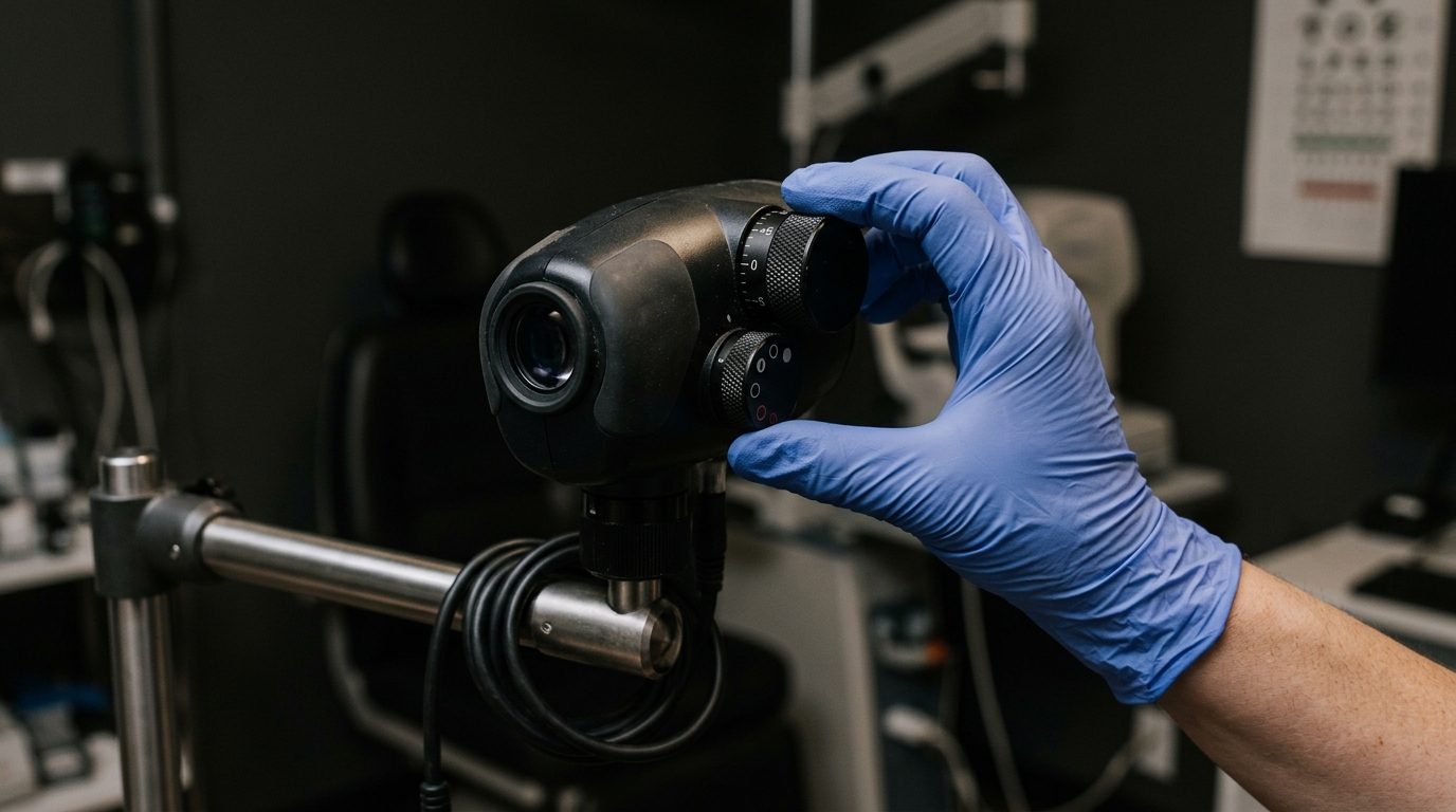 Close-up of a practitioner's hand adjusting the diopter wheel and aperture selection dial on a modern clinical diagnostic head.