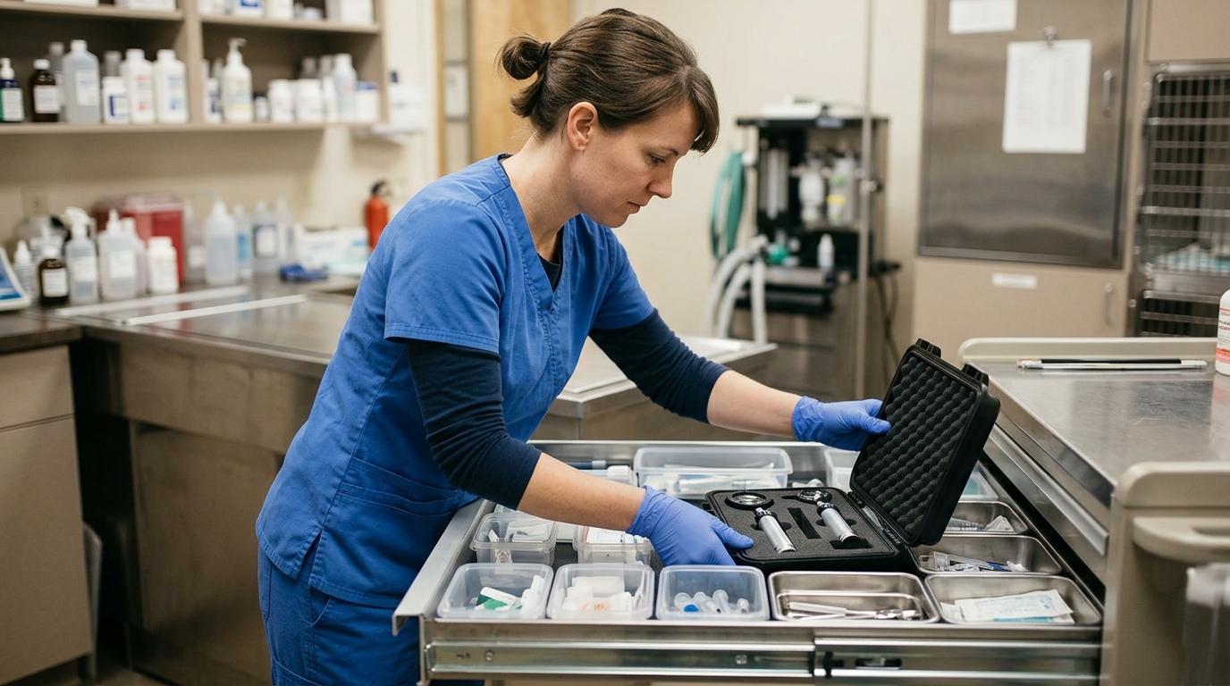 Veterinary technician organizing a clinical drawer, demonstrating proper storage of sensitive optical handles in a protective hard case.