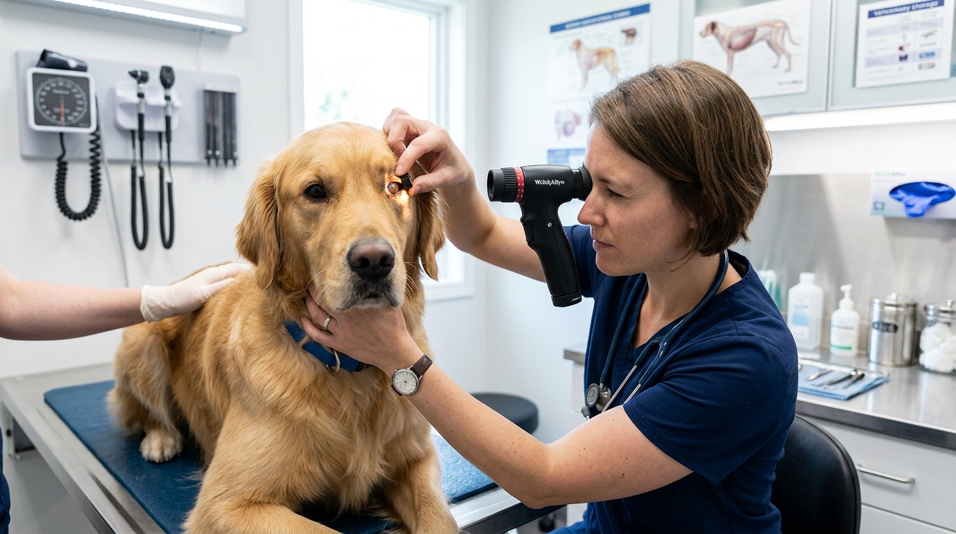 Veterinarian adjusting the diopter dial on a handheld diagnostic device while examining a large canine patient in a well-lit clinical examination room.
