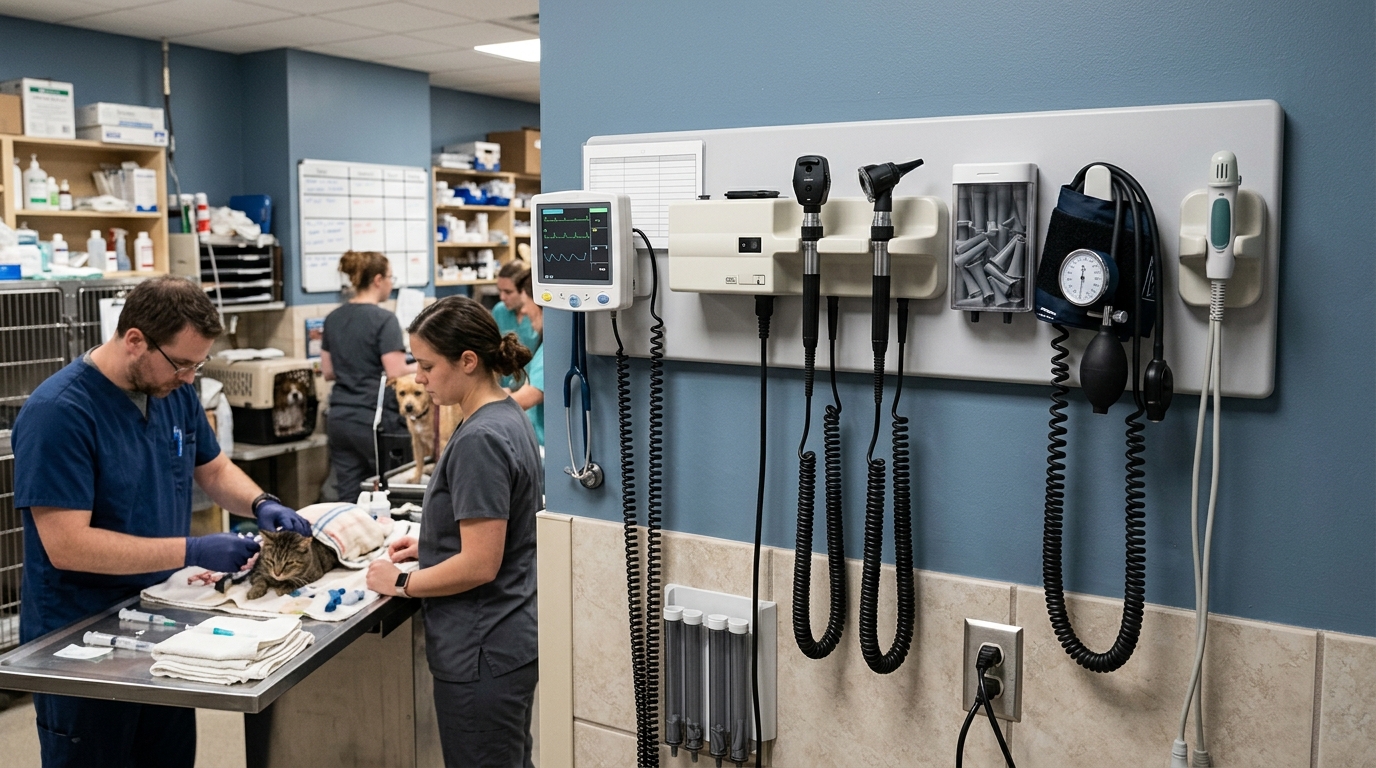 Wall-mounted diagnostic hub featuring multiple handles and coiled cords integrated into a busy veterinary outpatient triage area.