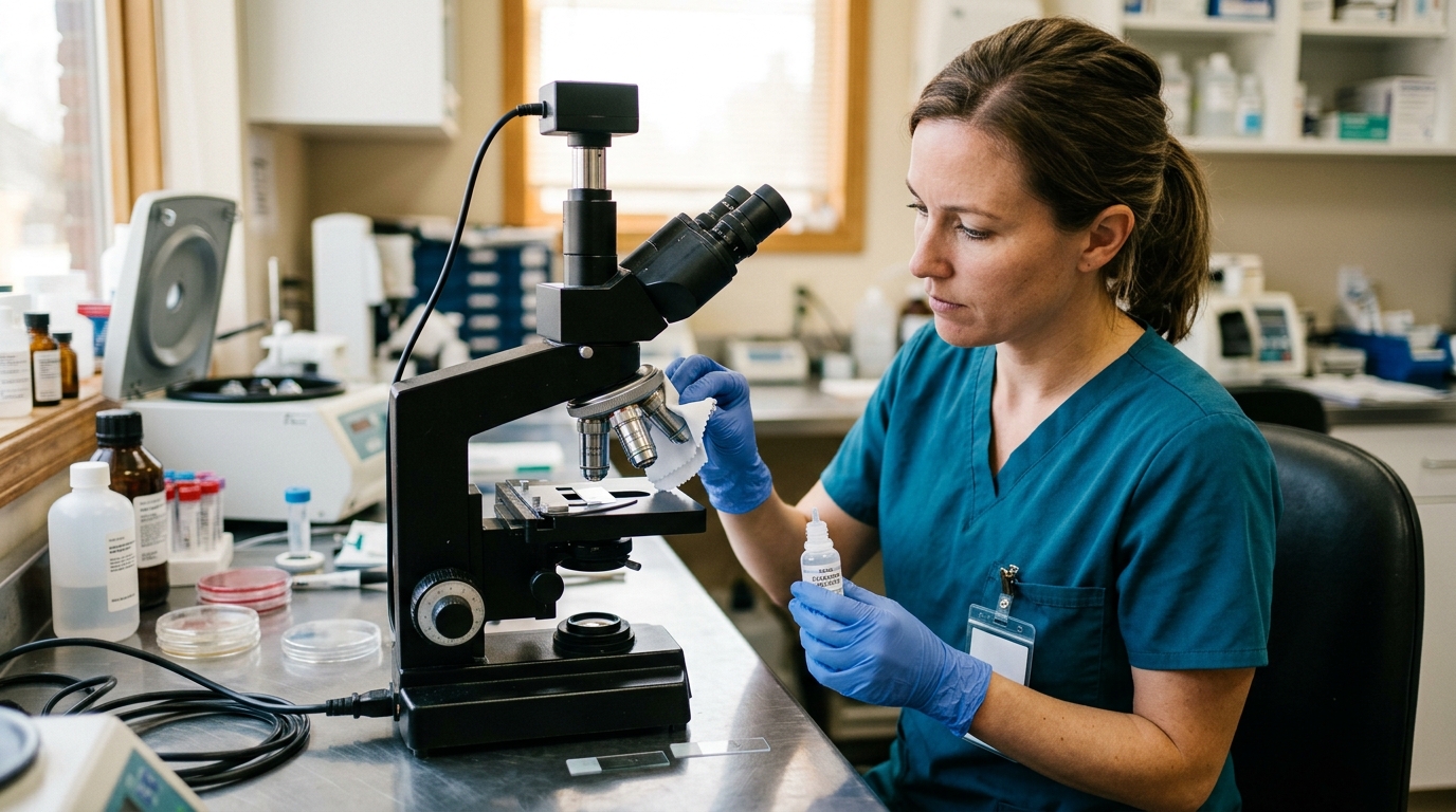 Veterinary technician cleaning the optical lenses of a diagnostic instrument with a microfiber cloth and specialized cleaning solution.