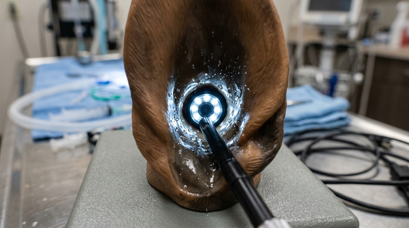 Close-up of a veterinary video otoscope tip inserted into a canine ear model, highlighting the LED illumination reflecting off saline flush droplets.