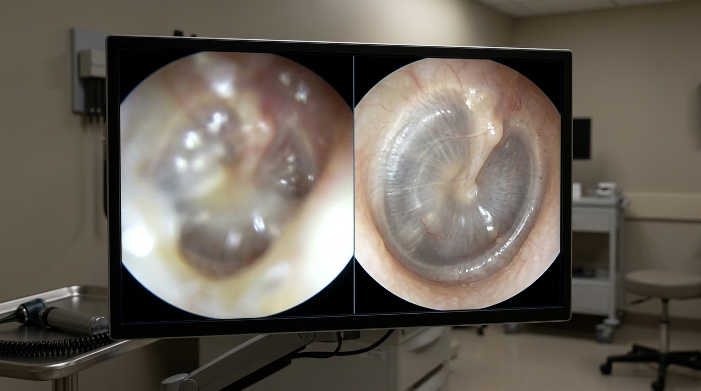 Split-screen monitor displaying a blurry ear canal obscured by fluid glare on the left, and a perfectly focused tympanic membrane with adjusted LED settings on the right.