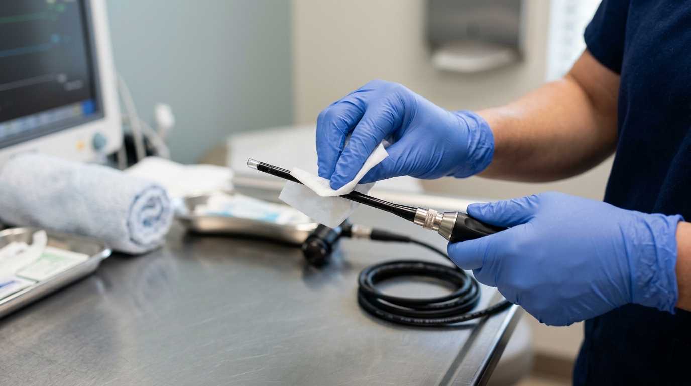 A technician's gloved hands demonstrating the proper wipe-down technique of a video otoscope probe using an isopropyl alcohol wipe, avoiding abrasive materials.