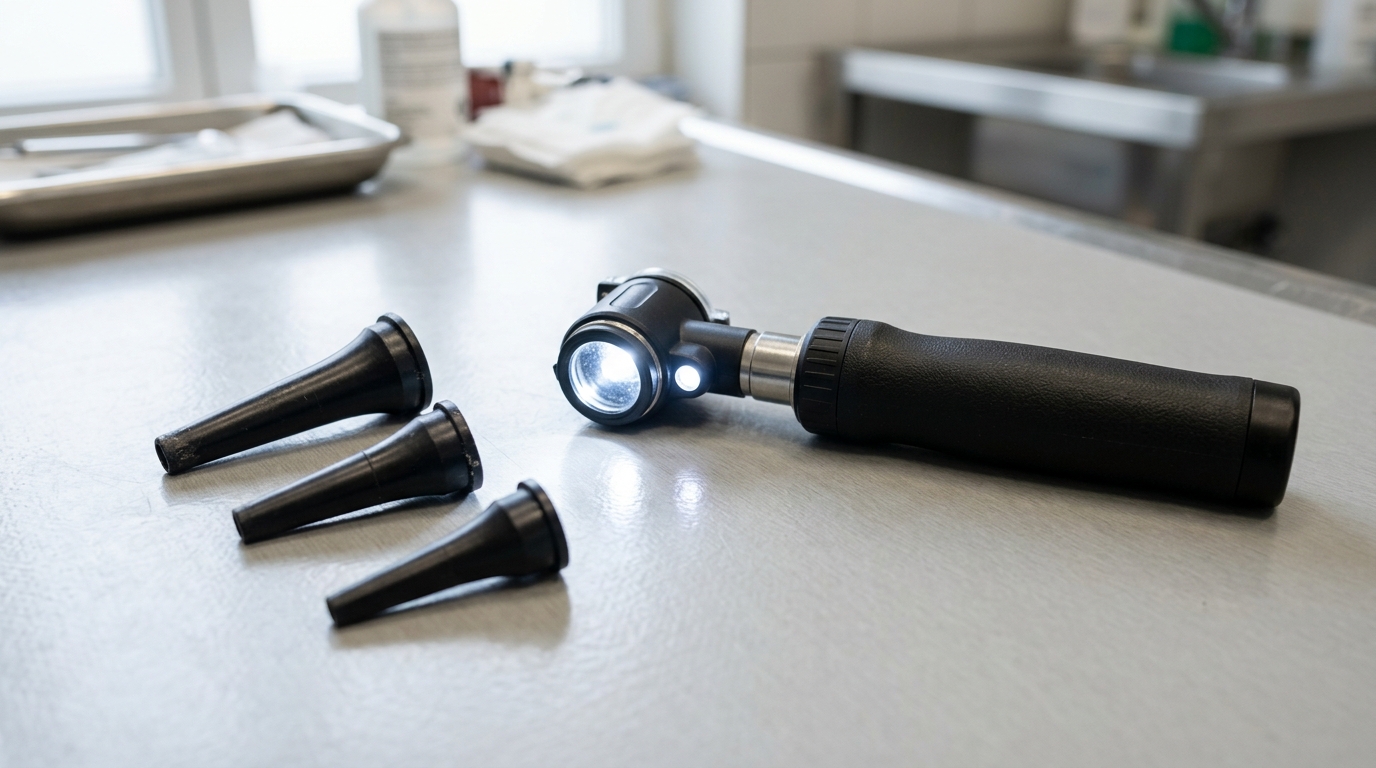 High-resolution veterinary otoscope displaying bright LED illumination, placed on an examination table next to three varying sizes of reusable specula.