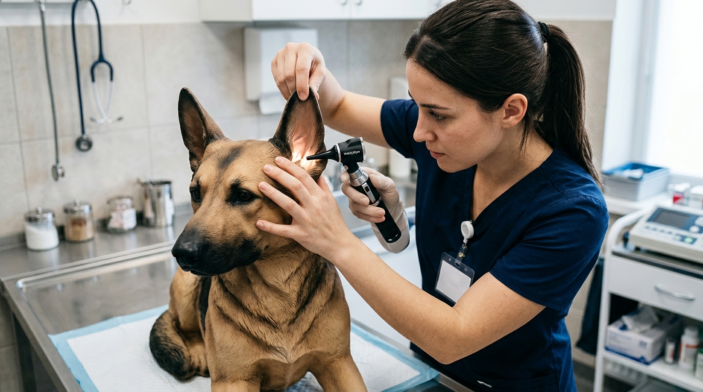 Veterinary technician demonstrating the proper technique of bracing a handheld otoscope against a canine model's head to stabilize the instrument.
