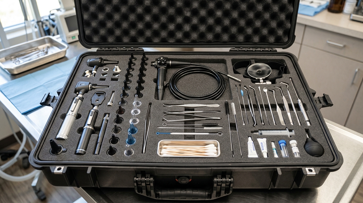 Detailed view of a veterinary ENT examination kit in a protective case, showing neatly organized diagnostic tools and cleaning accessories.
