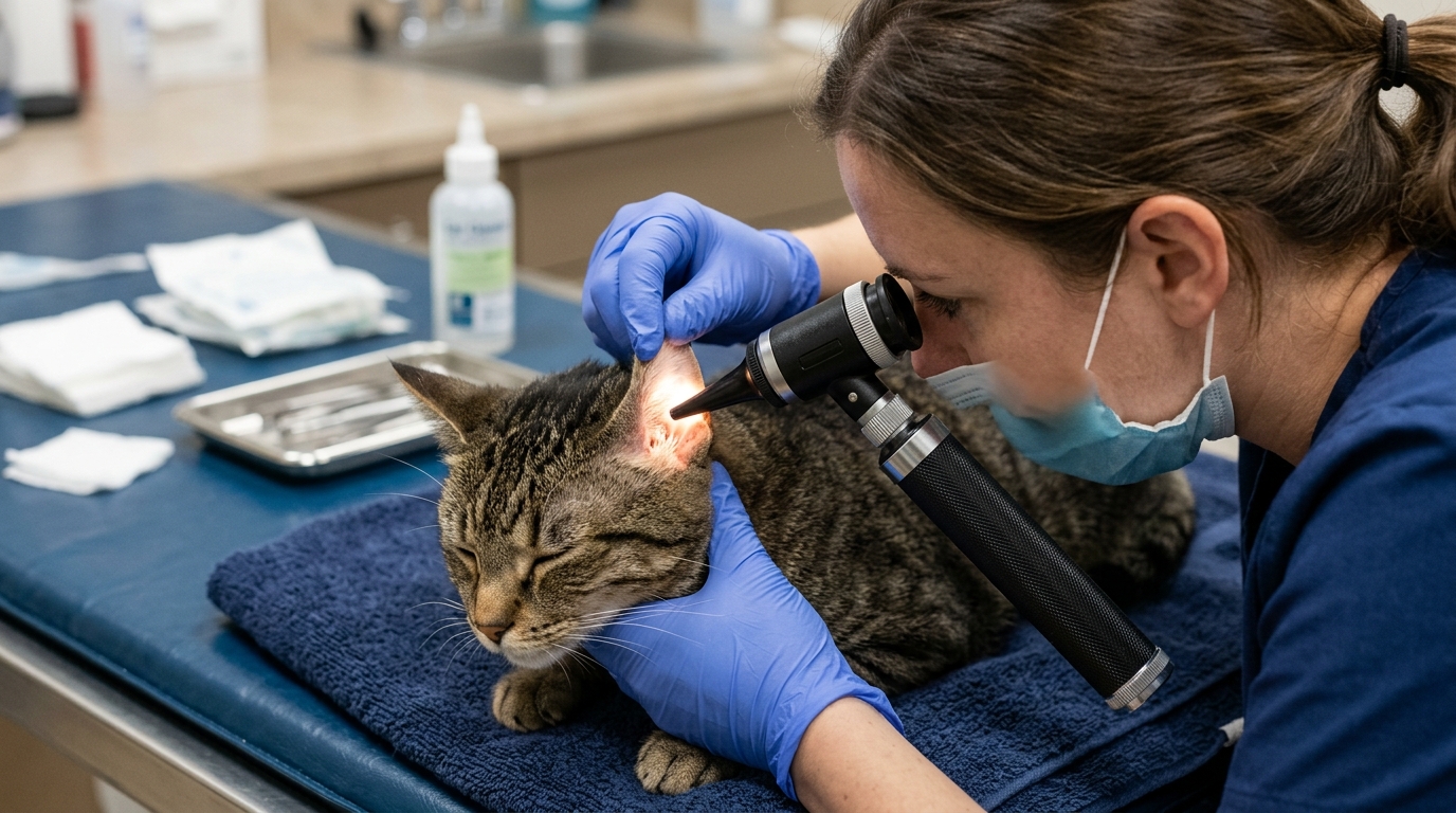 Veterinary practitioner carefully adjusting a light handle and speculum on a feline patient during an auditory canal examination.