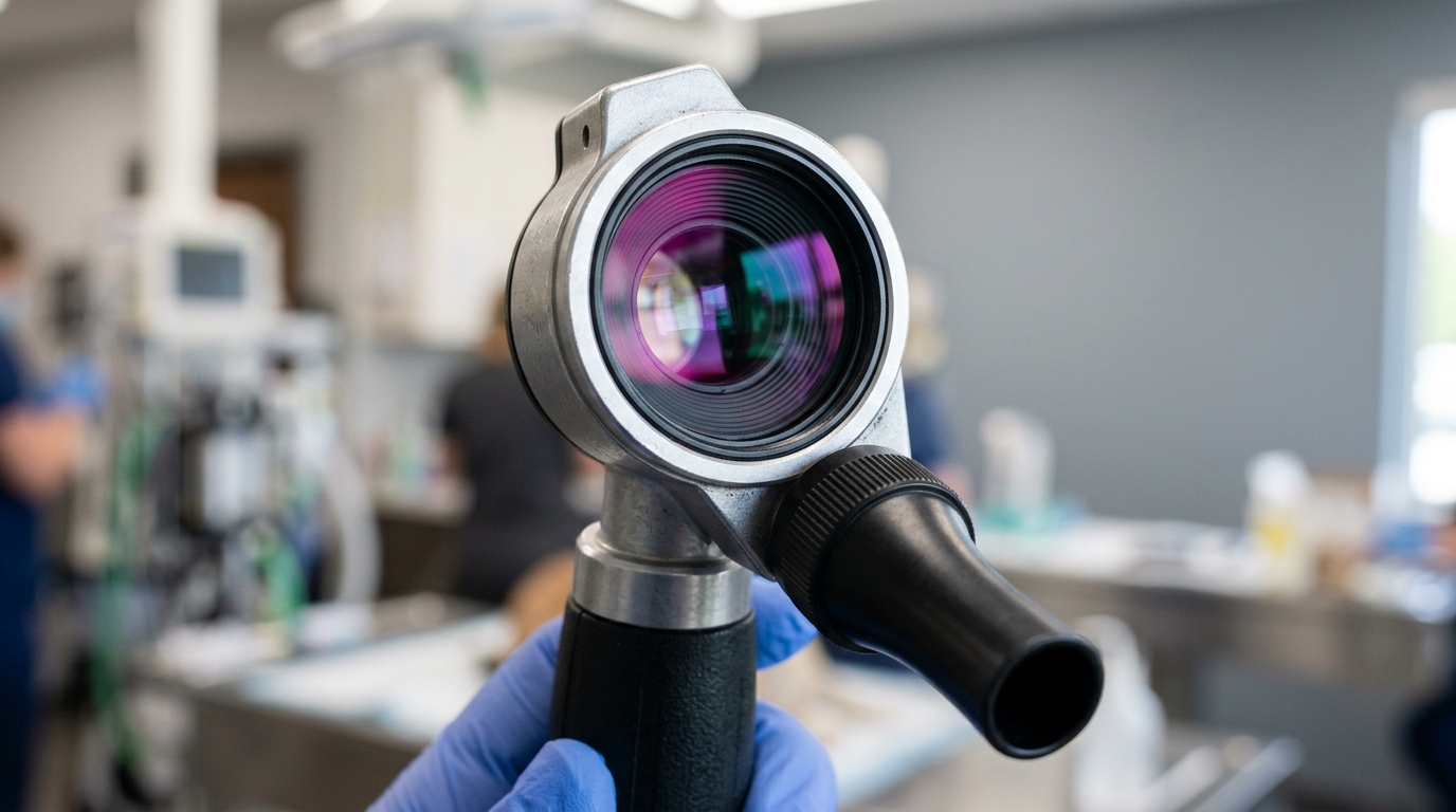Close-up view of a veterinary otoscope lens head displaying anti-reflective lens coatings and matte speculum attachment.