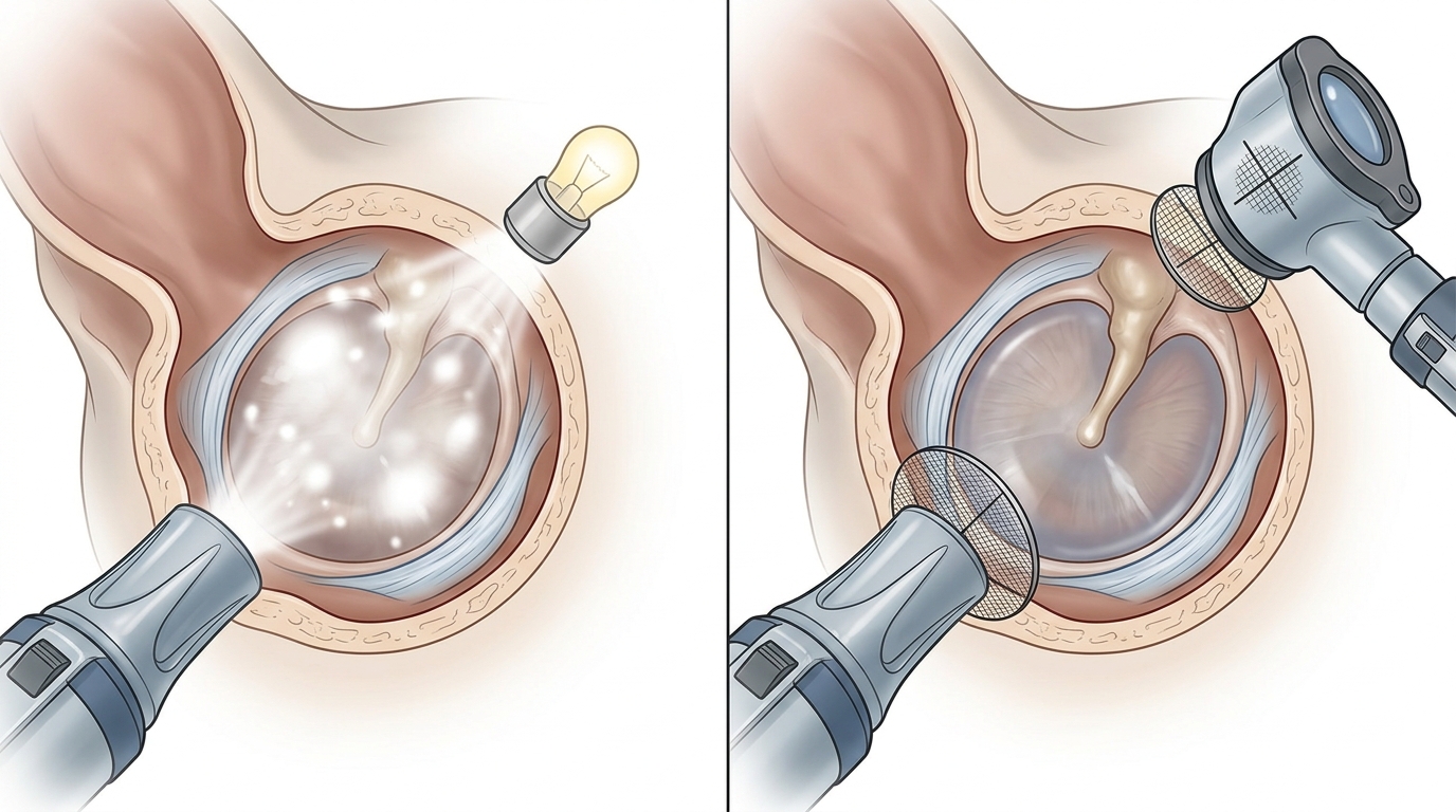 Side-by-side technical illustration comparing diffuse light glare reflections versus cross-polarized clear views of a feline tympanic membrane.