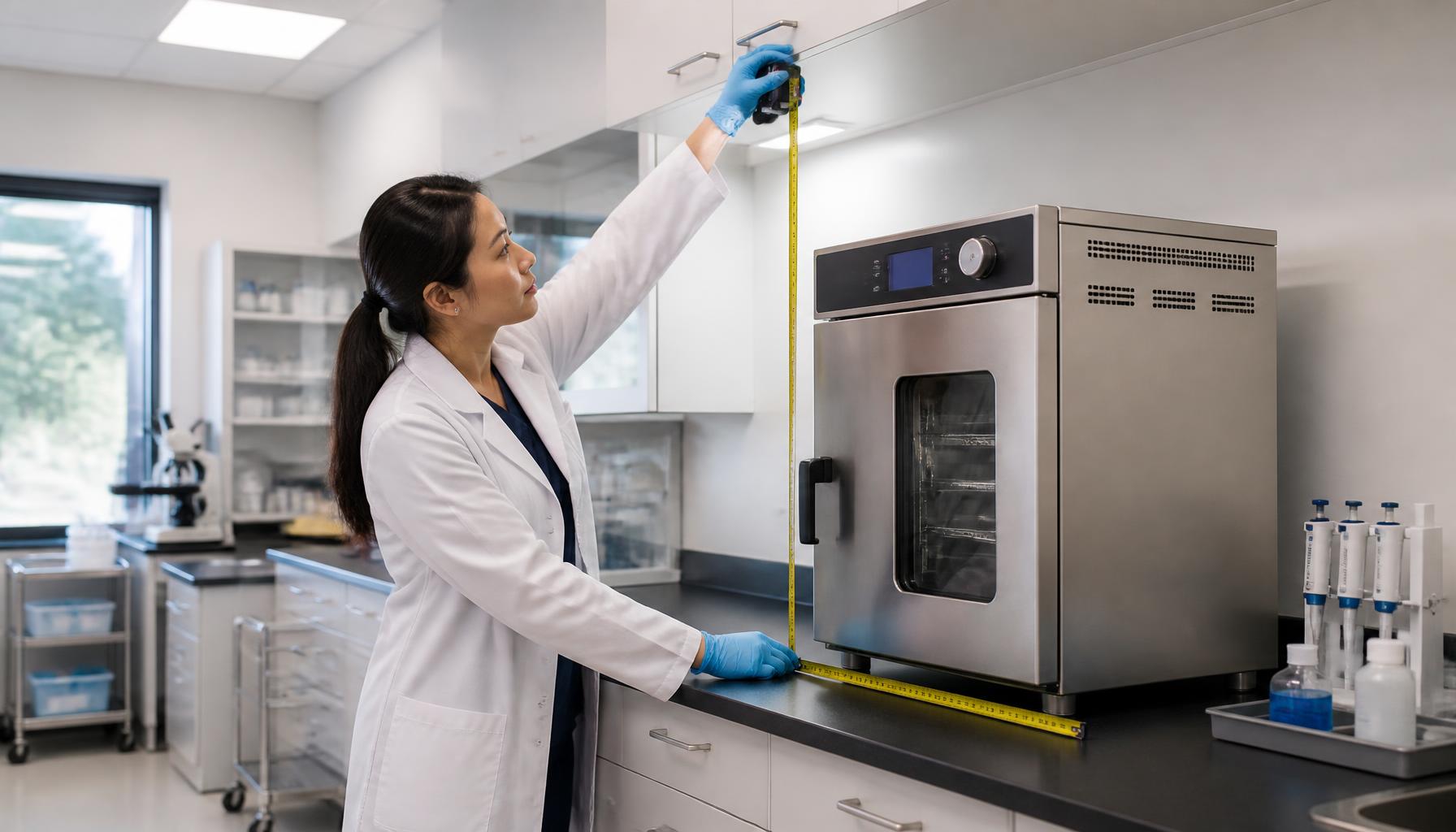 A veterinary laboratory manager measures bench depth and overhead clearance beside an electrothermal dry oven before confirming the installation location.