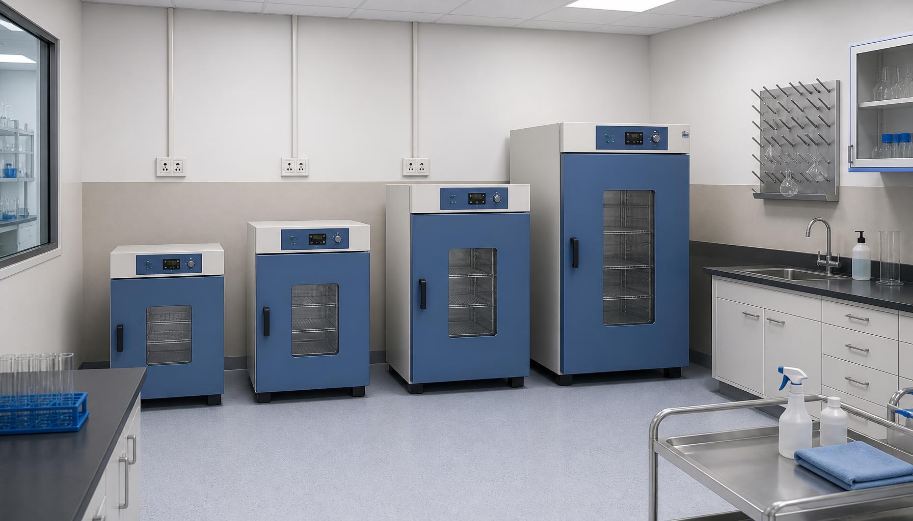 Four electrothermal dry oven cabinet sizes are shown in a laboratory planning layout with clear access to doors, power outlets, and cleaning areas.