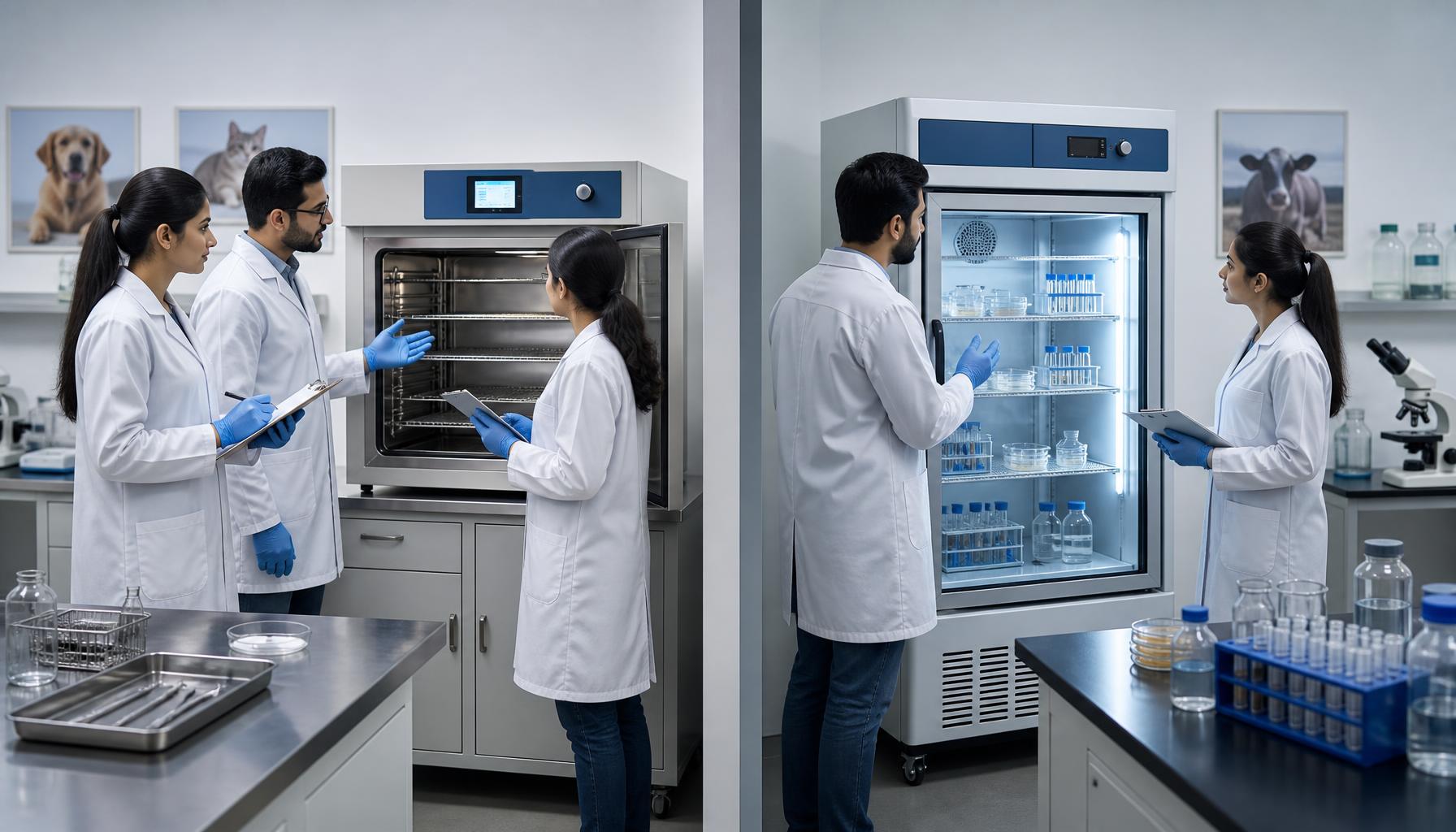 A procurement team compares a dry oven and a biochemical incubator in separate veterinary laboratory workflow zones for dry heating and controlled incubation needs.