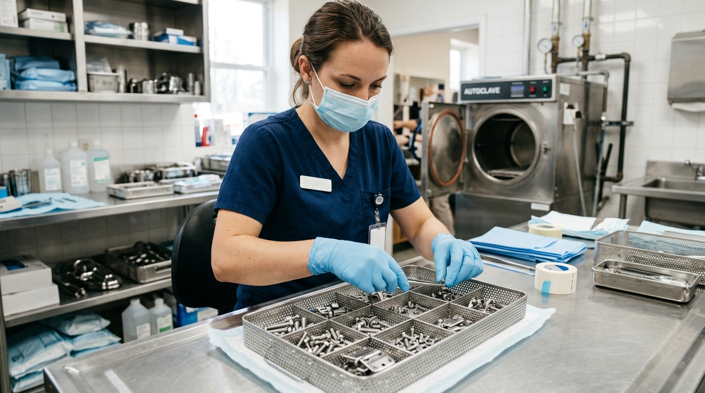 Veterinary technician organizing removable 316 stainless steel pet cage hardware on a sterilization tray for steam processing.