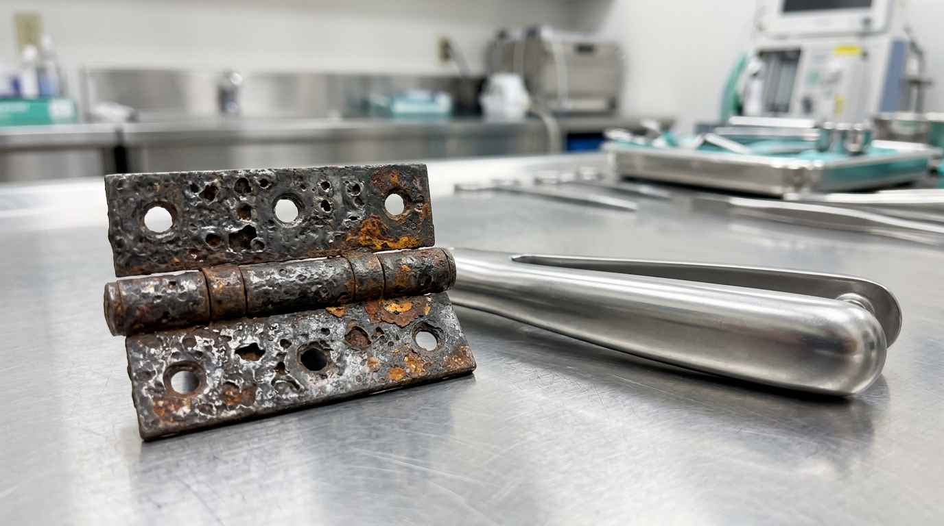 Close-up of pitting corrosion on a standard metal pet cage hinge compared to an intact marine-grade stainless steel component.