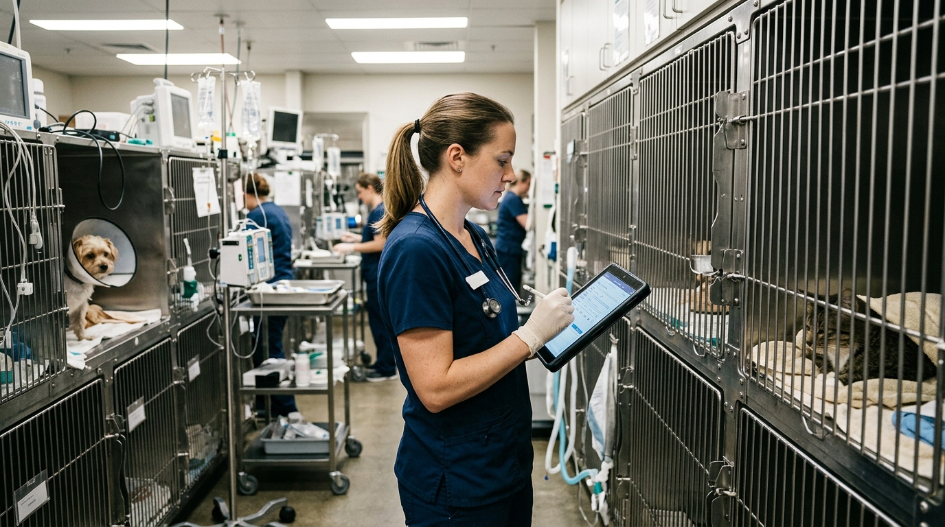 Clinic manager recording pet cage hardware maintenance tasks on a digital clipboard inside a high-volume veterinary recovery ward.