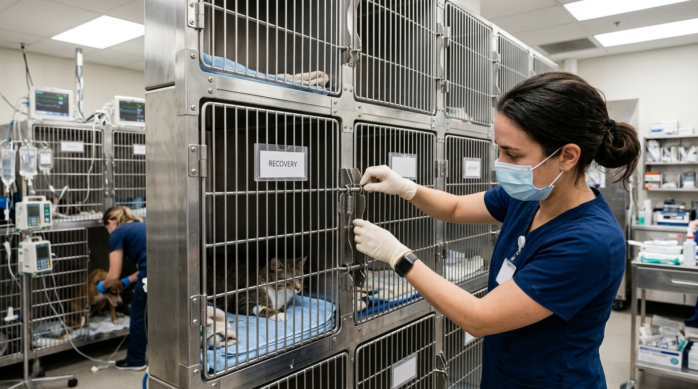 Veterinary technician adjusting the secure latch on a modular stainless steel recovery unit in a high-volume clinical intensive care ward.