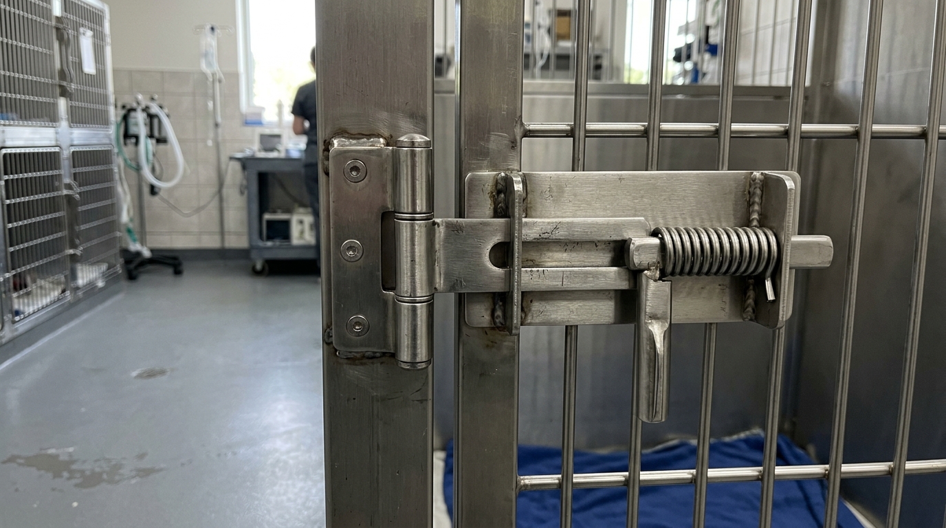 Close-up of a heavy-duty stainless steel hinge and latch mechanism on a veterinary enclosure, demonstrating proper alignment and secure closure.