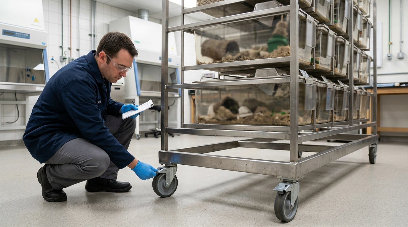 Maintenance technician inspecting the rolling caster wheels and base frame of a multi-tier clinical animal housing bank.