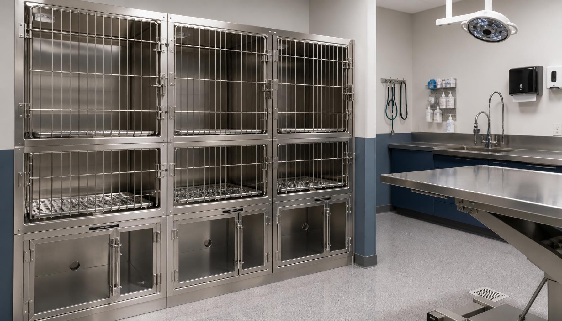 Stainless steel cat cages with removable floor grates and separate lower isolation compartments installed beside a washable veterinary treatment room wall.