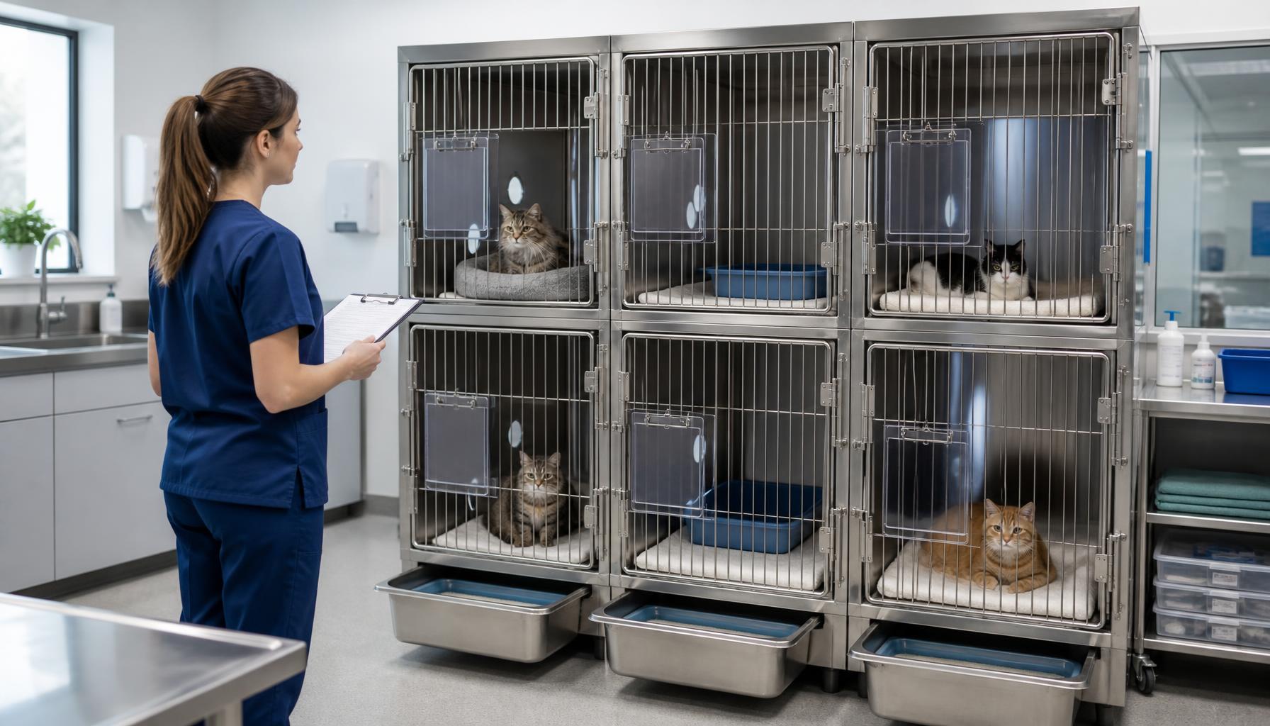 Veterinary nurse reviewing a stainless steel cat cage bank with transparent patient cards, removable waste trays, and clearly separated isolation compartments.