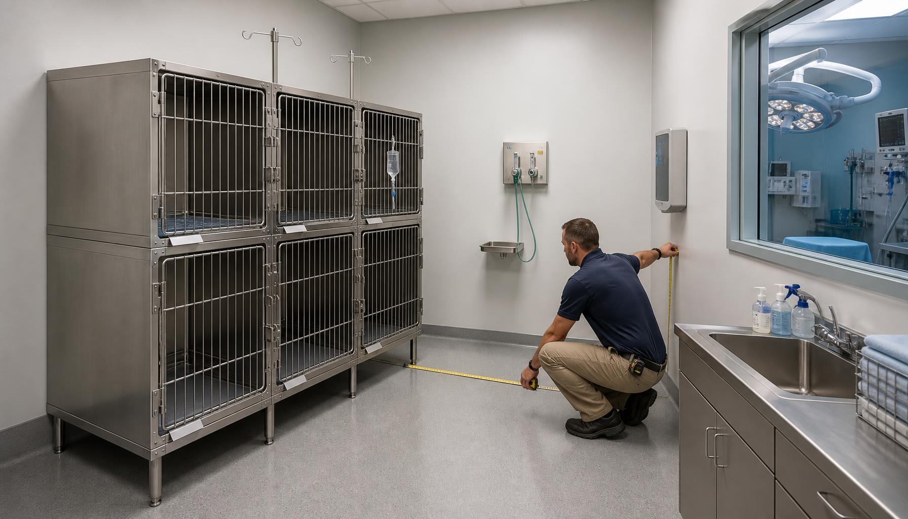 Facilities manager measuring floor clearance and wall spacing for modular stainless steel cat cages in a veterinary isolation room renovation.