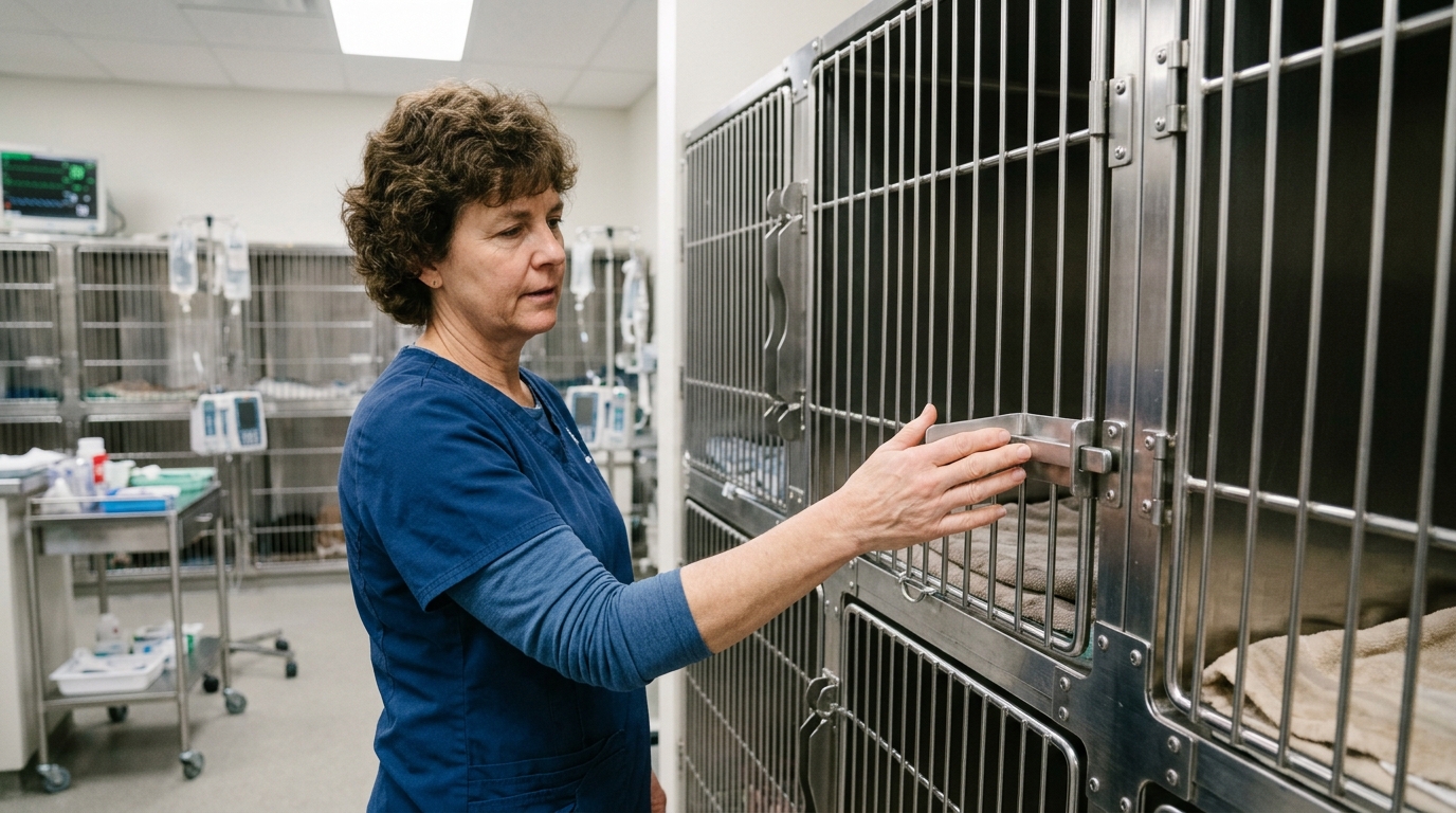 Veterinary technician demonstrating proper single-handed latch operation on a 304 stainless steel dog cage in a clinical recovery ward.