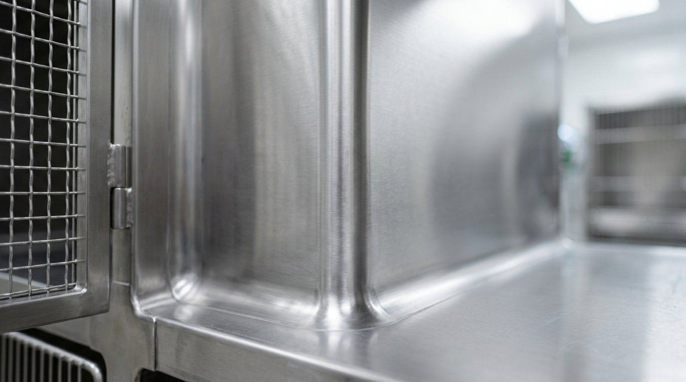 Macro view of seamless rounded interior corners inside a veterinary isolation cage designed to prevent pathogen buildup.