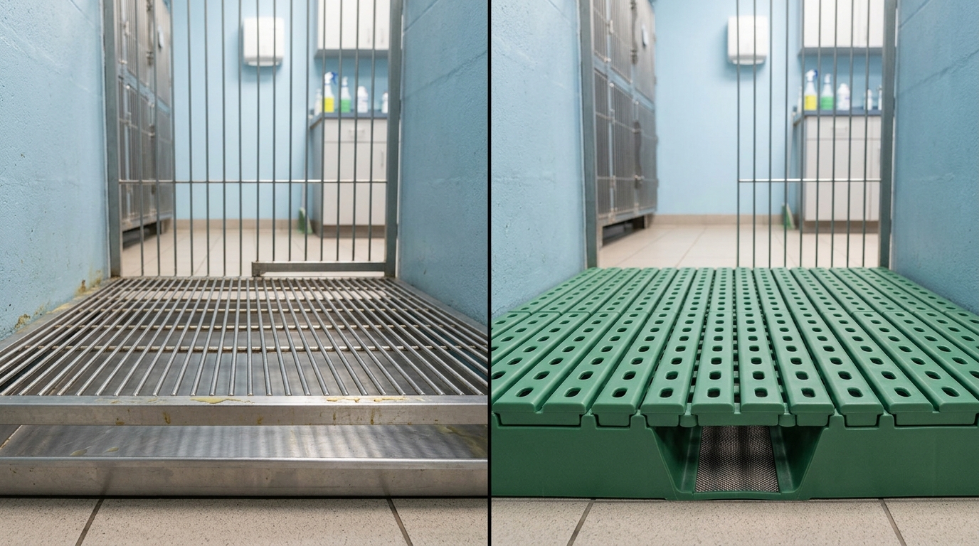 Side-by-side comparison of a standard grated cage floor versus a modular drainage system designed for large breed orthopedic veterinary patients.
