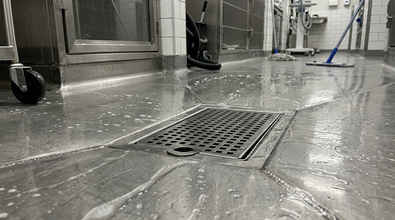 Close-up of a pitched stainless steel floor directing residual cleaning fluids toward a central removable drain grate in a clinical veterinary ward.