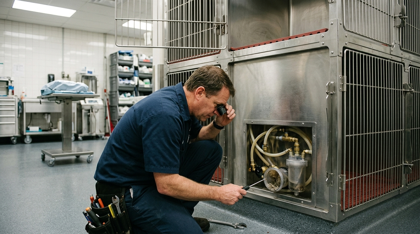Maintenance technician inspecting the internal plumbing connections and hair trap assembly of a large veterinary dog cage to prevent blockages.