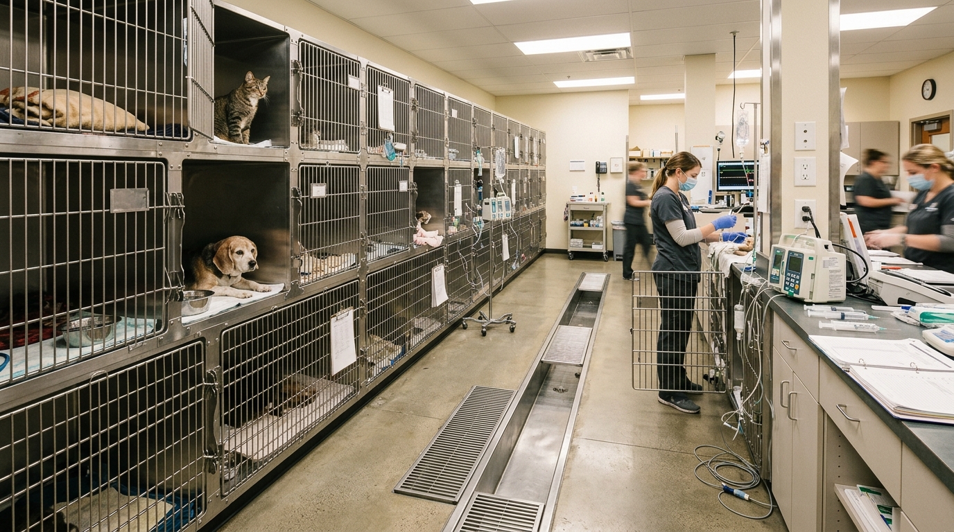 Wide view of an active veterinary ICU showing multiple stainless steel cages aligned over a centralized floor trench drainage system.