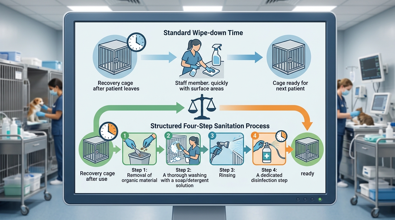 Clinical workflow chart comparing standard wipe-down times versus structured four-step sanitation processes in a high-volume veterinary recovery ward.
