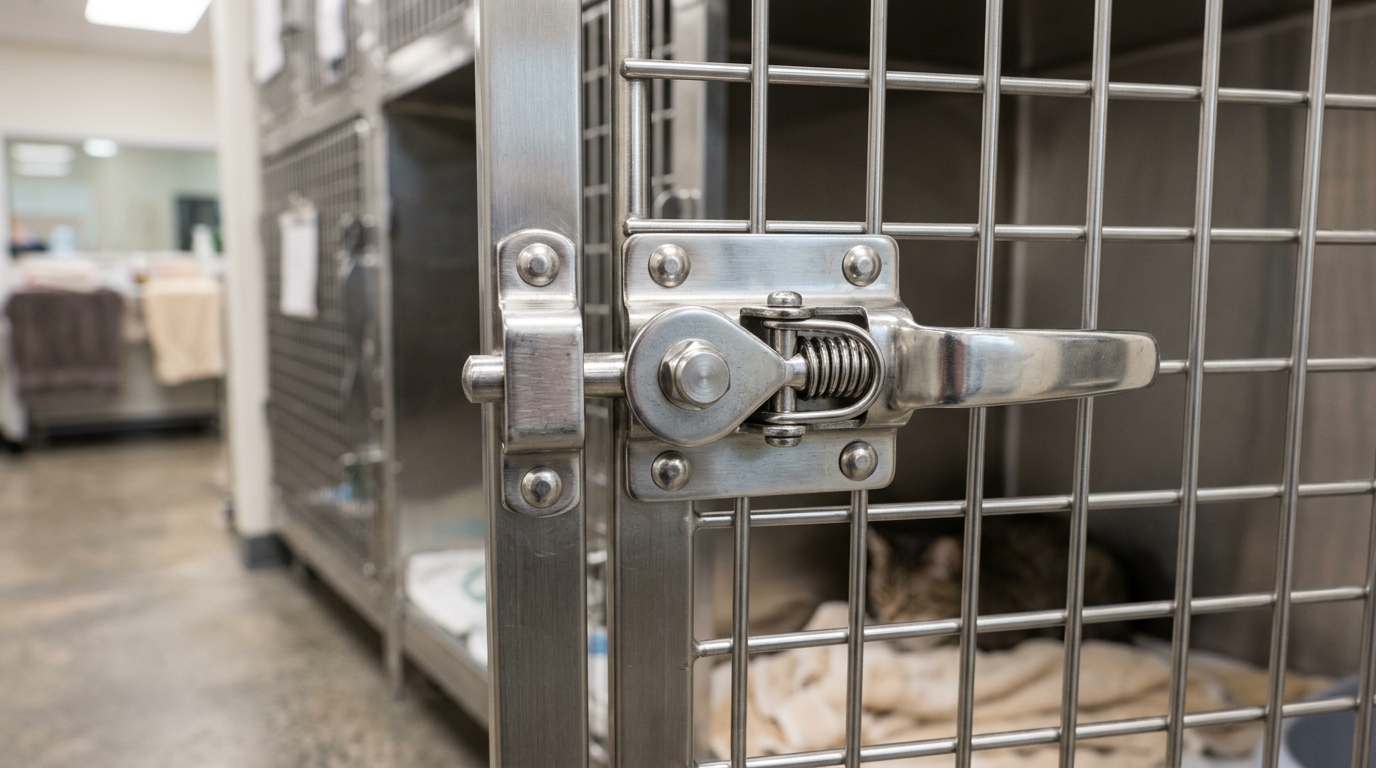 Close-up view of a properly maintained pet display cage door latch showing zero corrosion and smooth alignment after regular weekly lubrication.