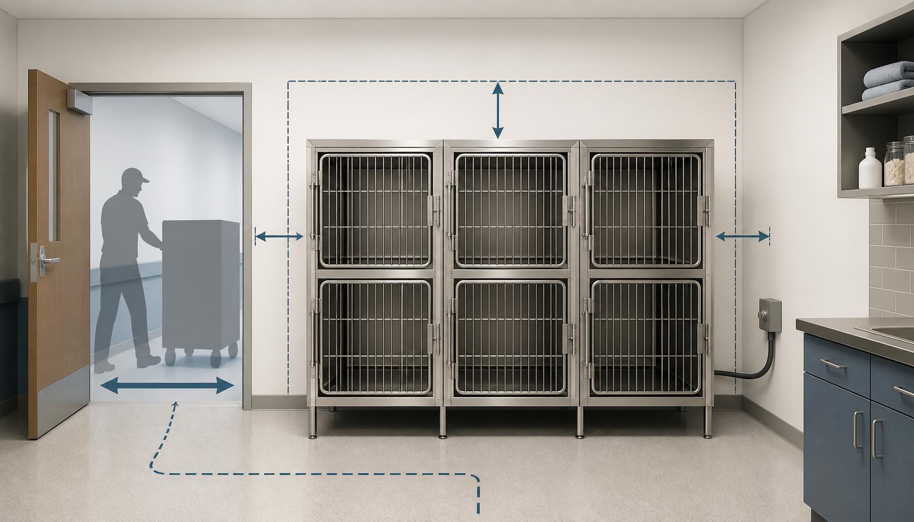 AI-generated illustration: AI-generated illustration of stainless steel veterinary cage modules positioned against a clinic wall, showing clearance around doors, delivery path measurements, and a nearby electrical connection point.