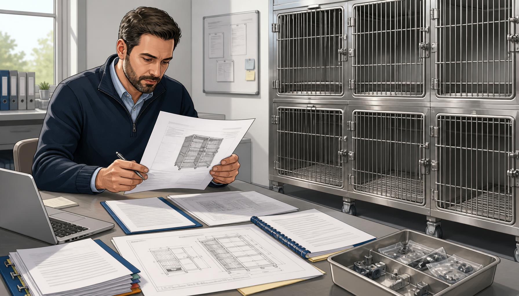 AI-generated illustration: AI-generated illustration of a procurement manager reviewing cage specifications, electrical requirements, delivery drawings, warranty documents, and a spare-parts list beside stainless steel animal housing units.