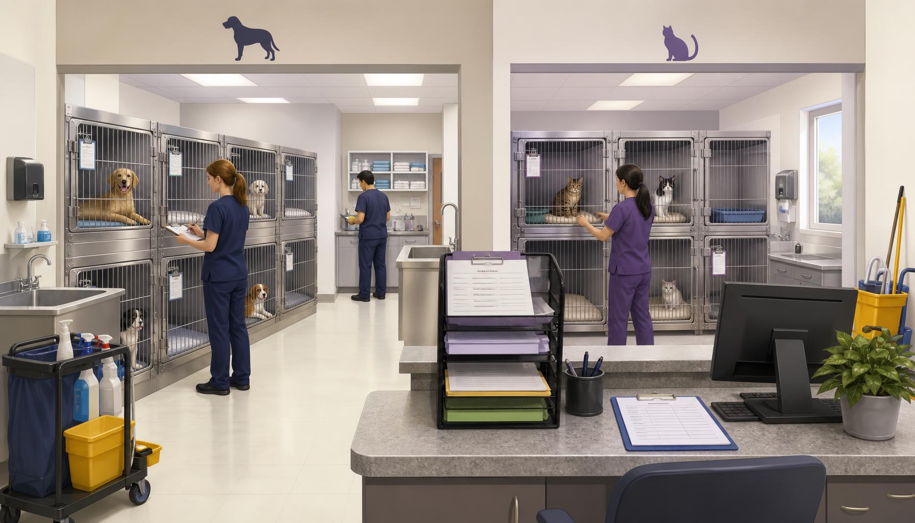AI-generated illustration: AI-generated illustration of separate canine and feline inpatient areas with grouped stainless steel cages, unobstructed staff access, cleaning zones, and labeled service documentation on a nearby workstation.